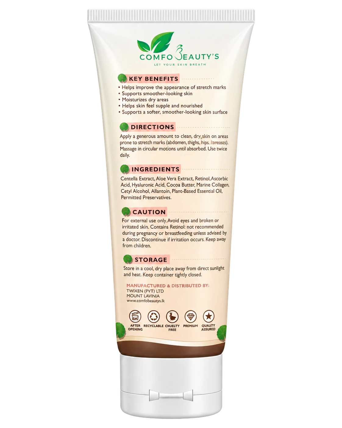 The back of the Stretch Mark Cream tube, listing key benefits, directions, ingredients, caution and storage