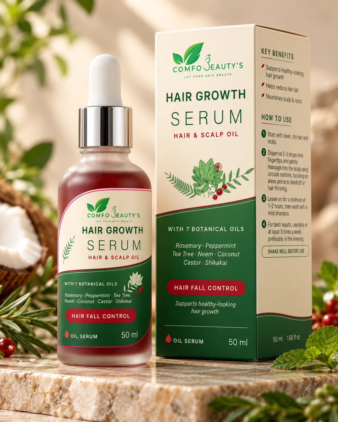 The Hair & Scalp Oil serum beside its printed carton, which lists the key benefits and how to use it