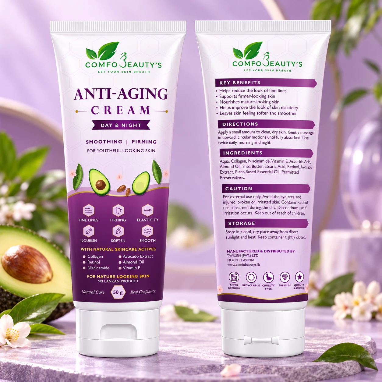 The Anti-Aging Cream tube shown front and back, the back listing benefits, directions and ingredients