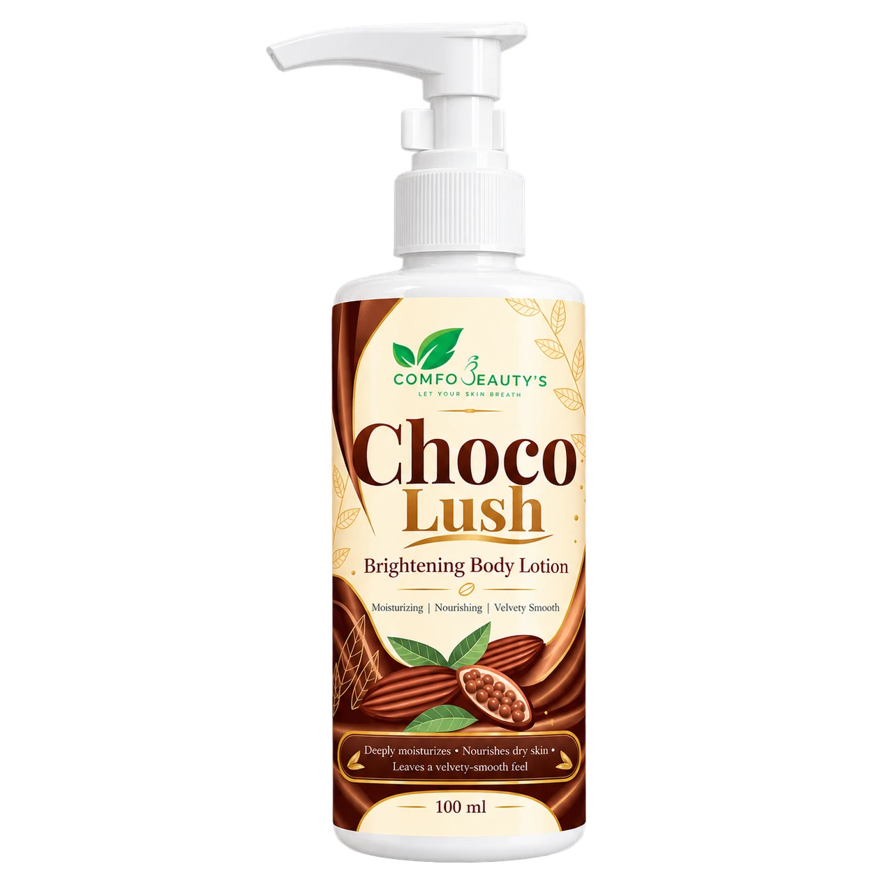 Choco Lush Brightening Body Lotion in a 100 ml white pump bottle with a brown cocoa label