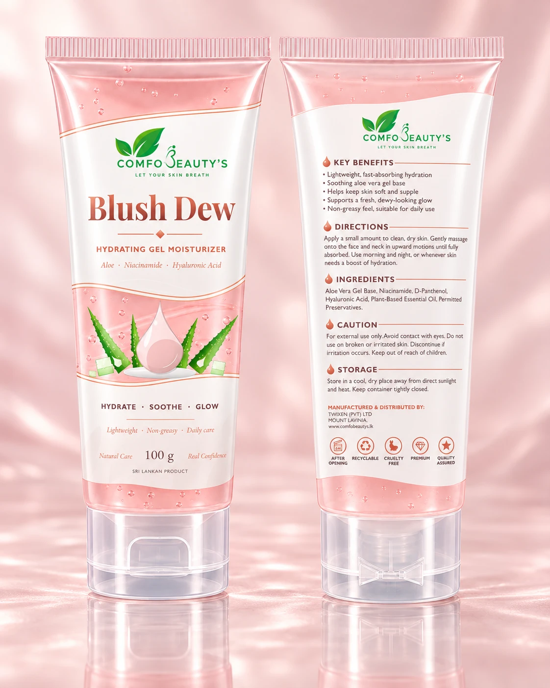 The Blush Dew tube shown front and back, the back listing benefits, directions and ingredients