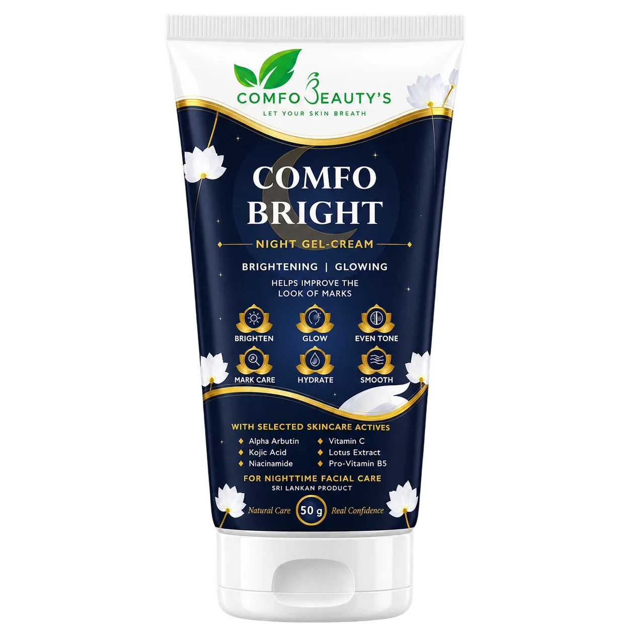 Comfo Bright night gel-cream in a 50 g navy and gold tube with lotus flowers