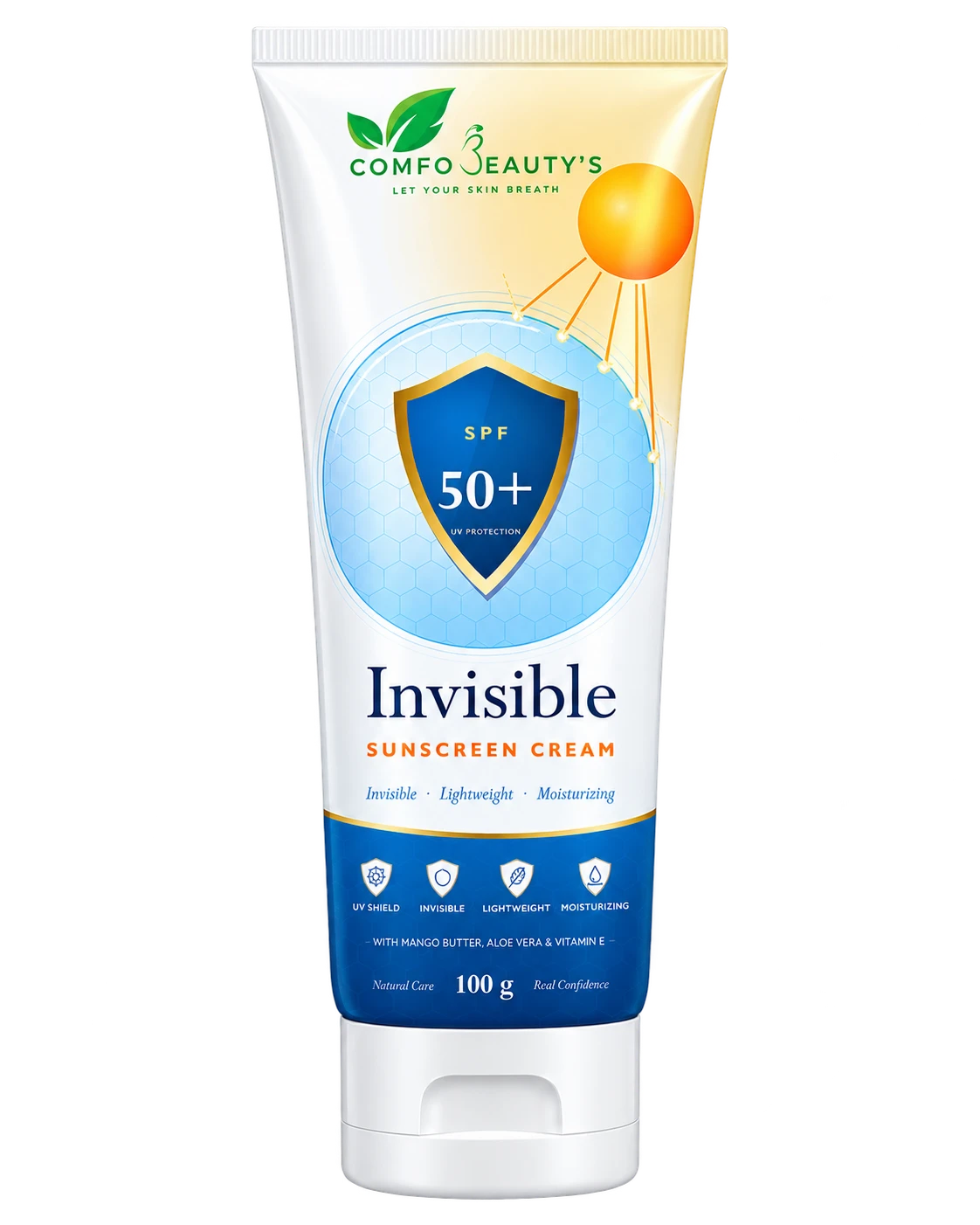 Invisible Sunscreen Cream SPF 50+ in a 100 g white tube with a blue and gold label