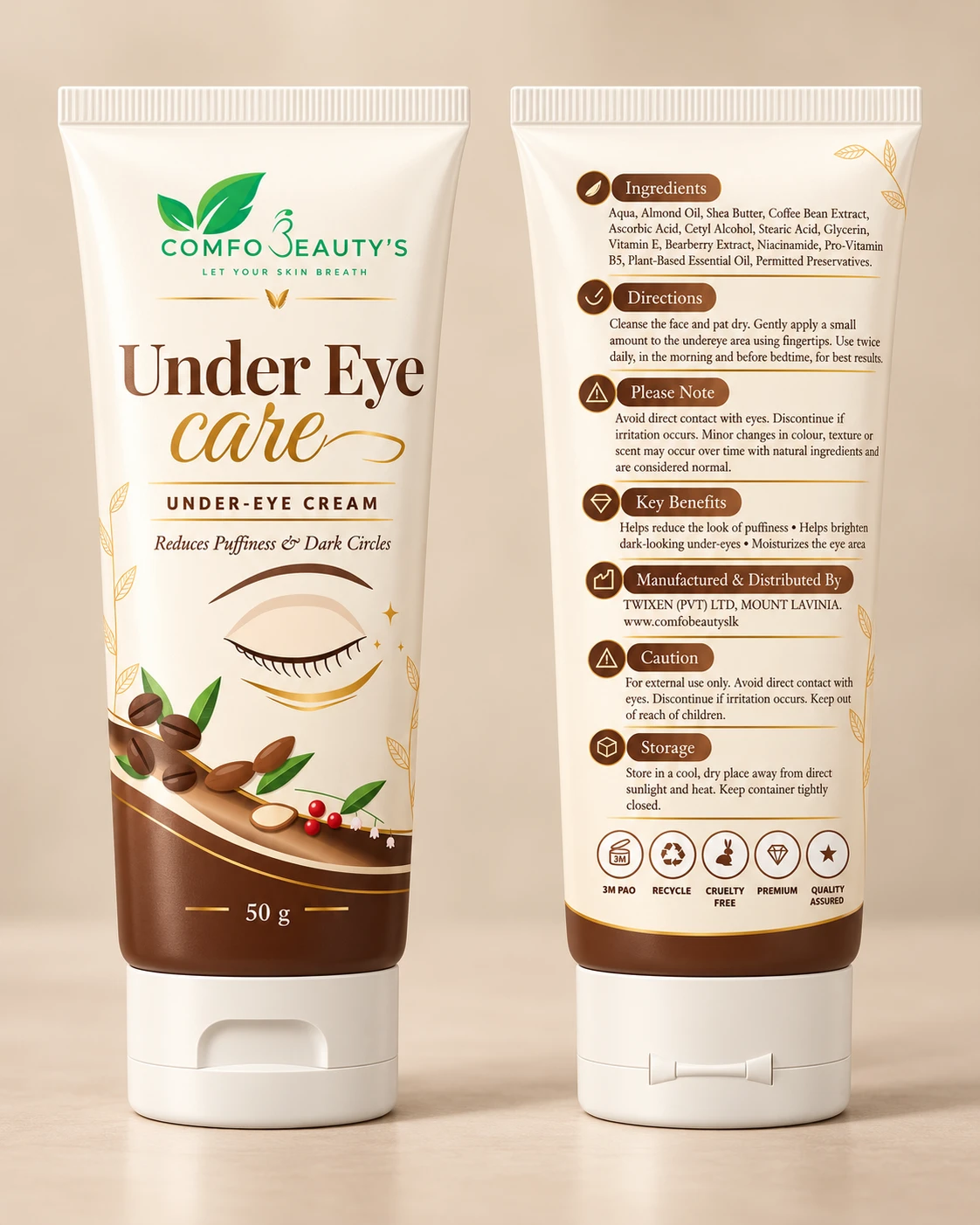 The Under Eye Care tube shown front and back, the back listing ingredients and directions