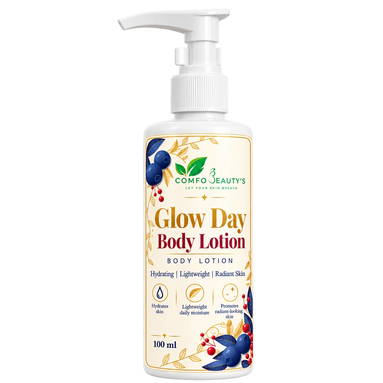 Glow Day Body Lotion in a 100 ml white pump bottle with a cream and berry label