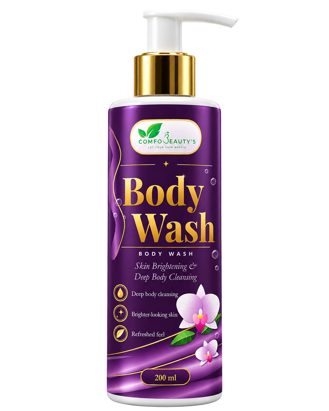 Skin Brightening Body Wash in a 200 ml purple pump bottle with a gold cap