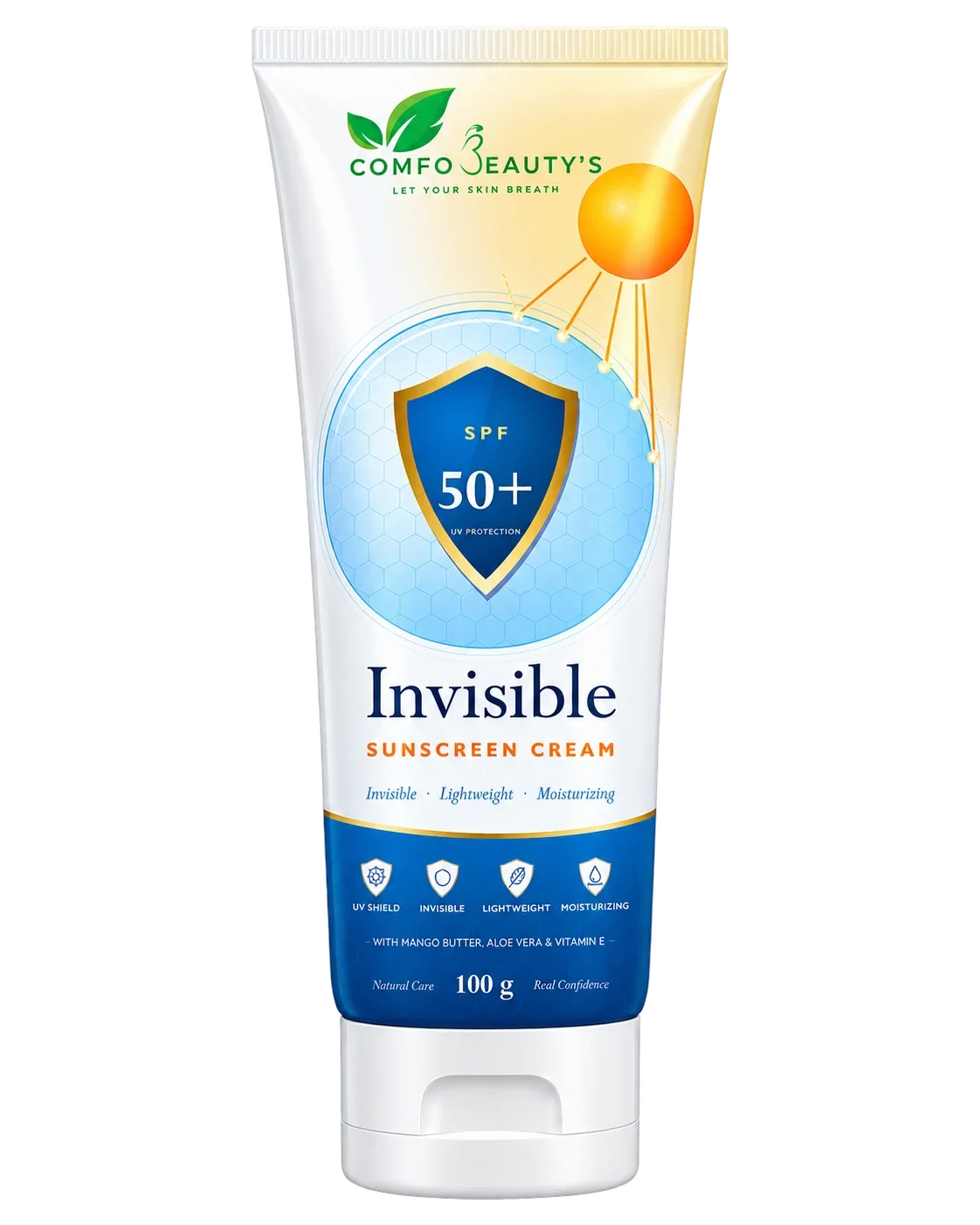 Invisible Sunscreen Cream SPF 50+ in a 100 g white tube with a blue and gold label