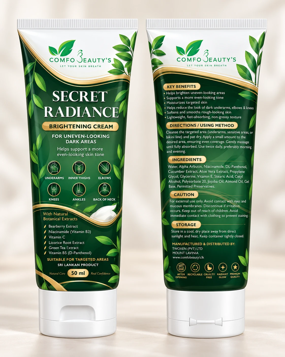 The Secret Radiance tube shown front and back, the back listing benefits, directions and ingredients