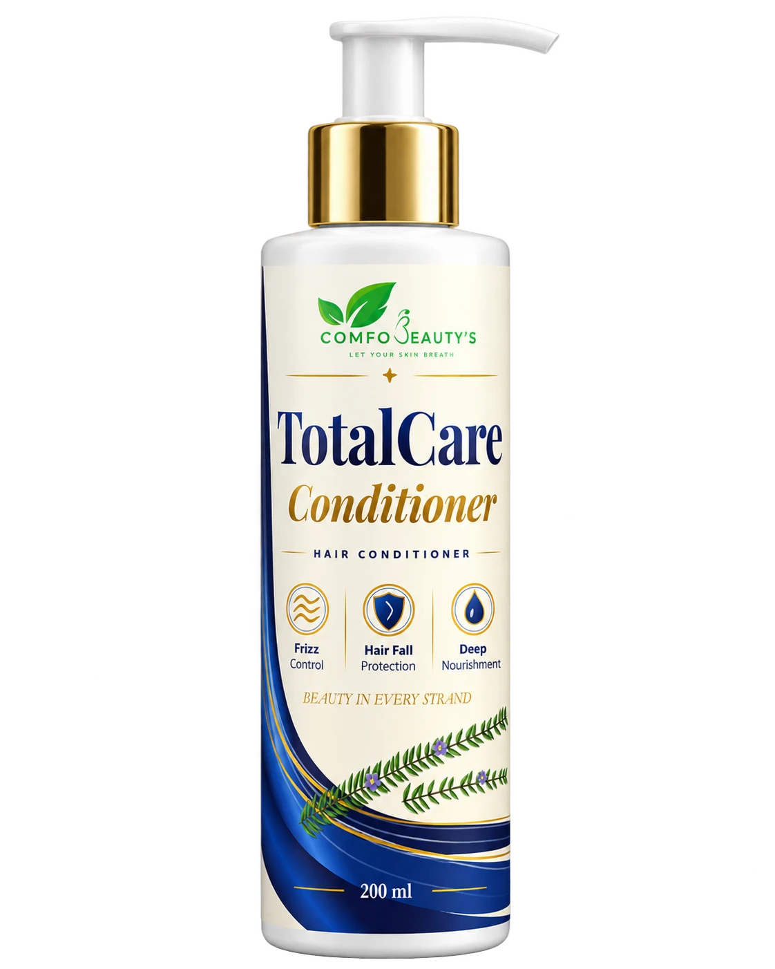 TotalCare Conditioner in a 200 ml cream and navy pump bottle with a gold cap