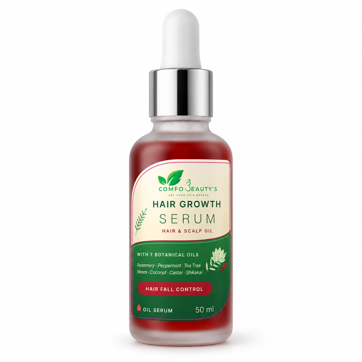 Hair & Scalp Oil Hair Growth Serum in a 50 ml frosted bottle of deep red oil with a silver dropper