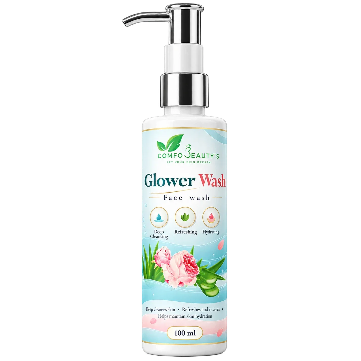 Glower Wash face wash in a 100 ml white bottle with a silver pump and a rose and aloe label