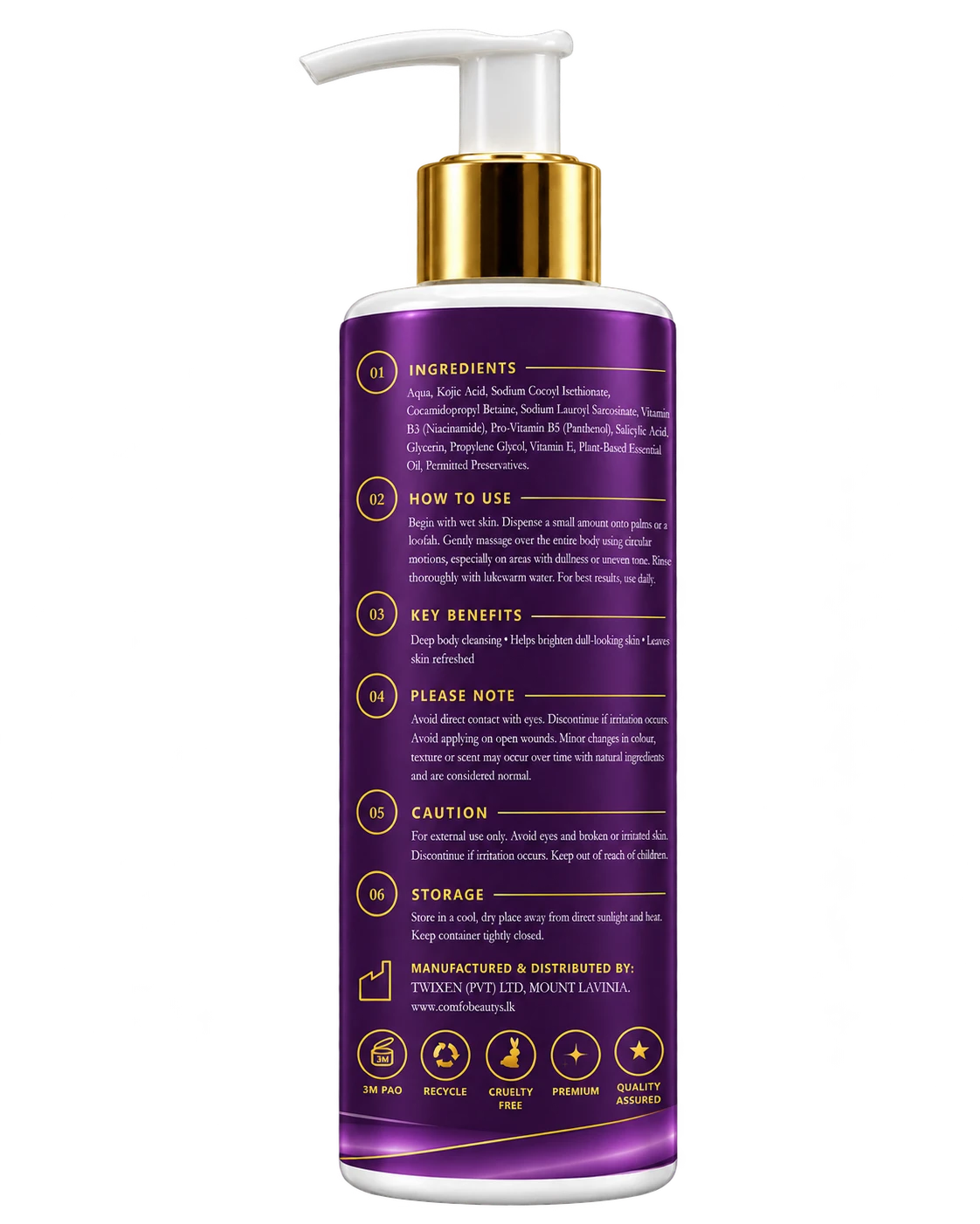 The back of the Body Wash bottle, listing ingredients, how to use, key benefits, caution and storage