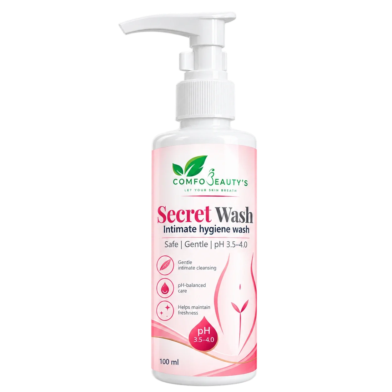 Secret Wash intimate hygiene wash in a 100 ml white pump bottle with a pink label