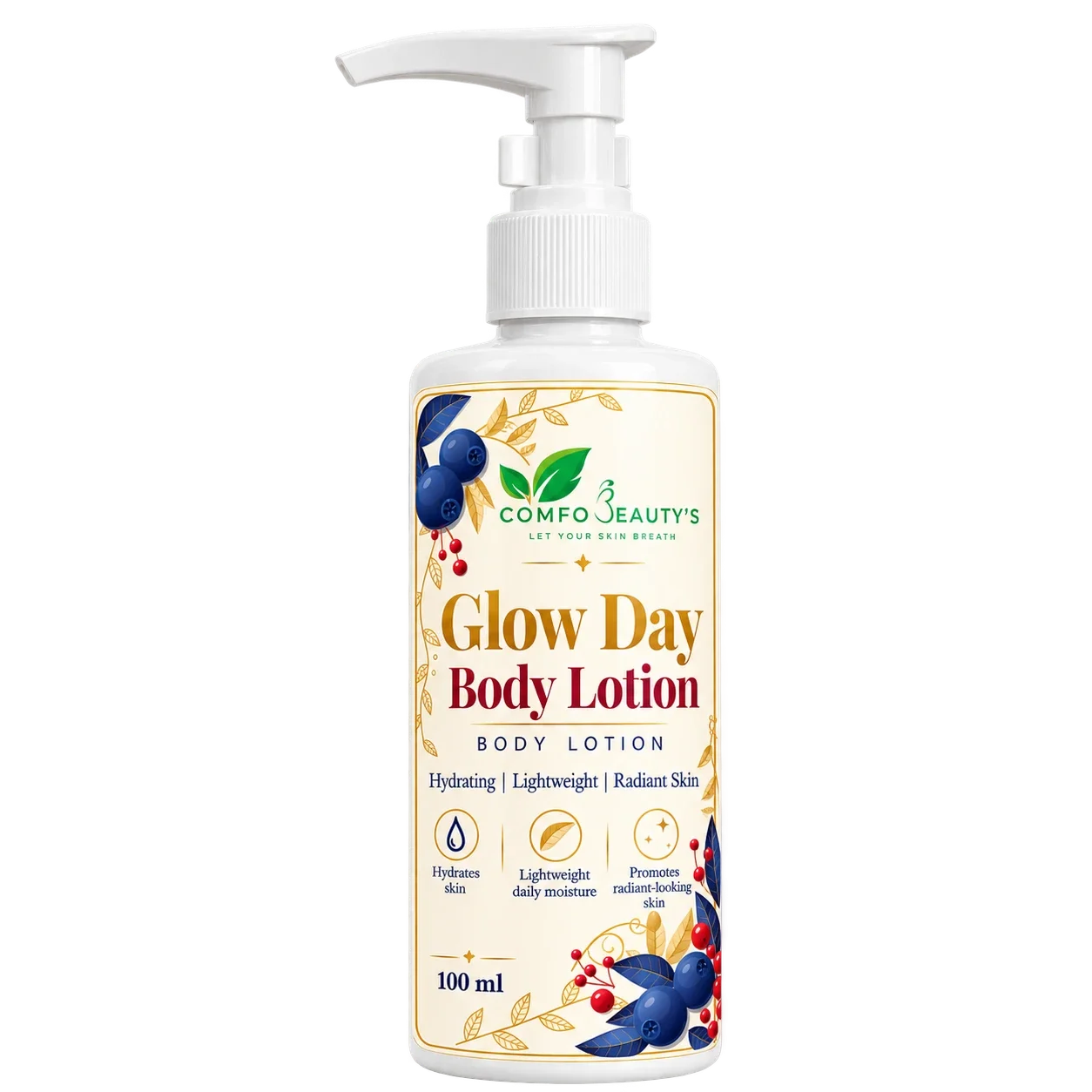 Glow Day Body Lotion in a 100 ml white pump bottle with a cream and berry label