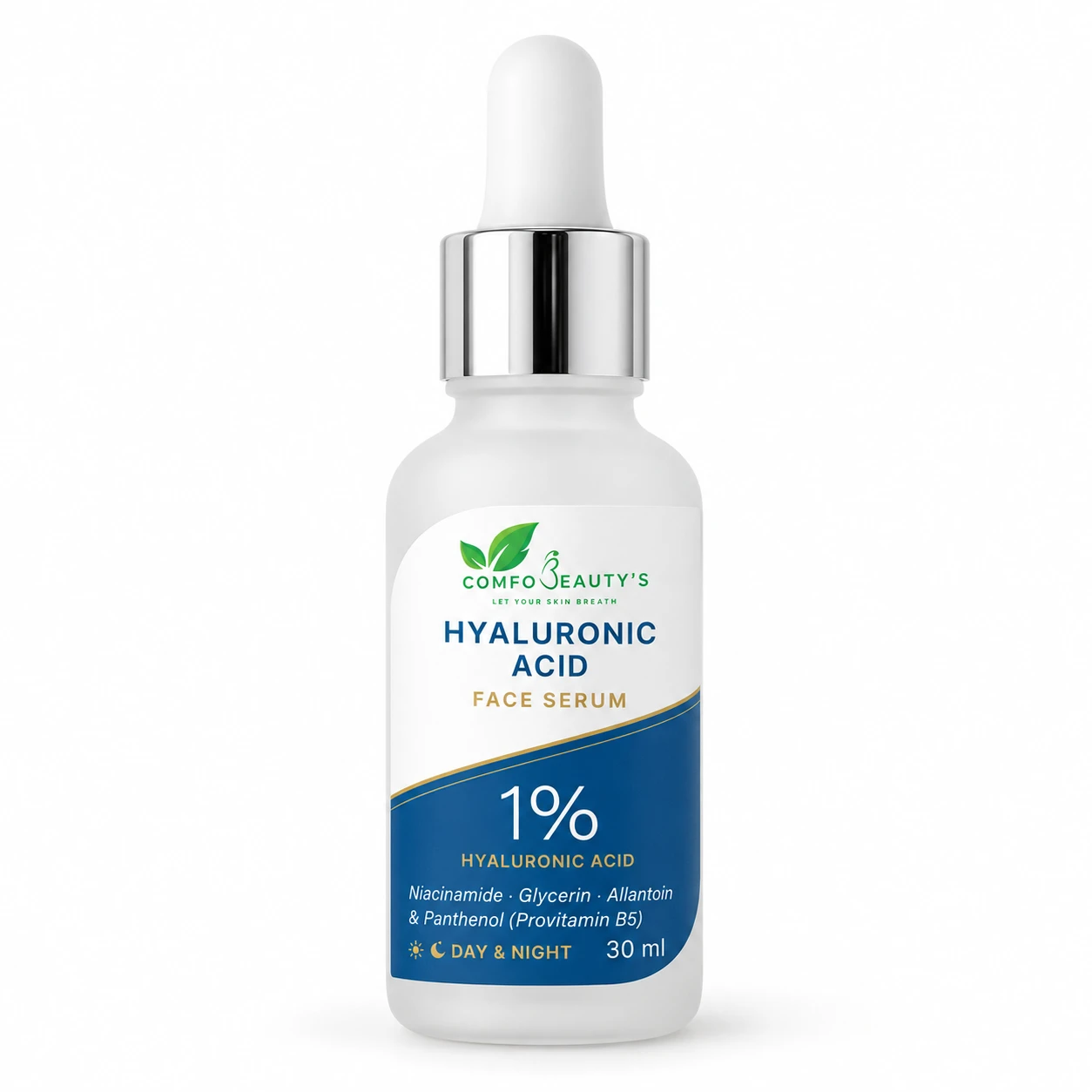 Hyaluronic Acid 1% face serum in a 30 ml frosted glass bottle with a silver dropper