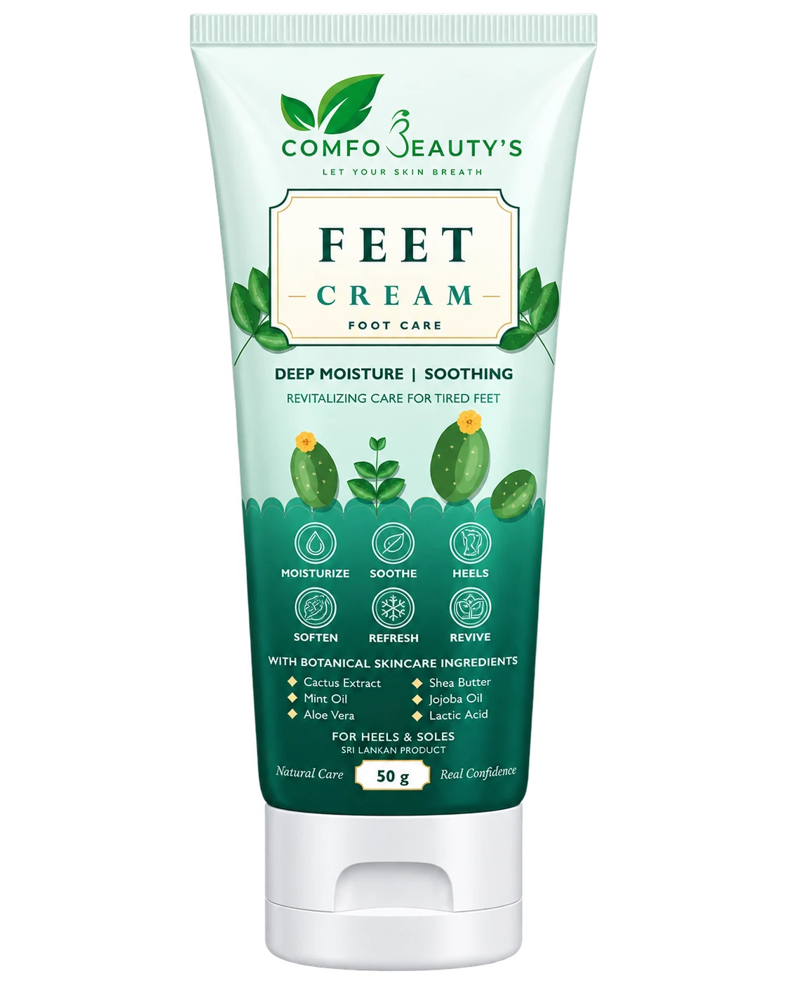 Feet Cream in a 50 g pale green and dark green tube with cactus illustration