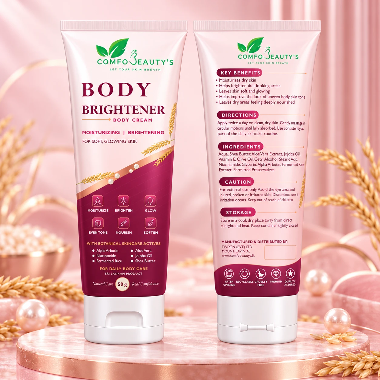 The Body Brightener tube shown front and back, the back listing benefits, directions and ingredients