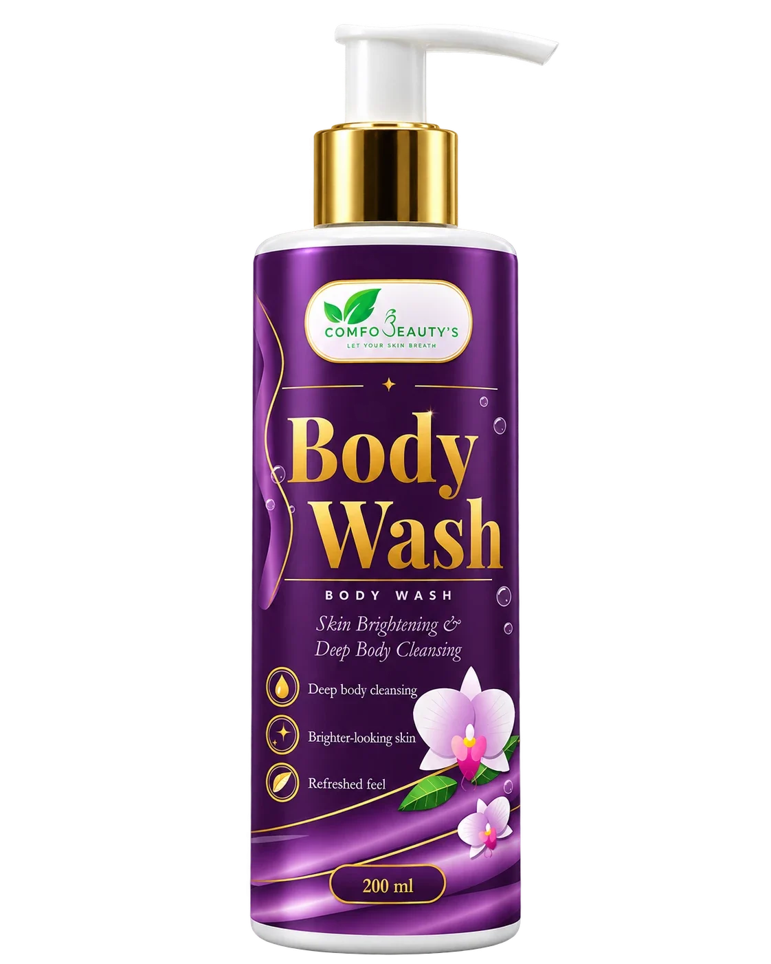 Skin Brightening Body Wash in a 200 ml purple pump bottle with a gold cap