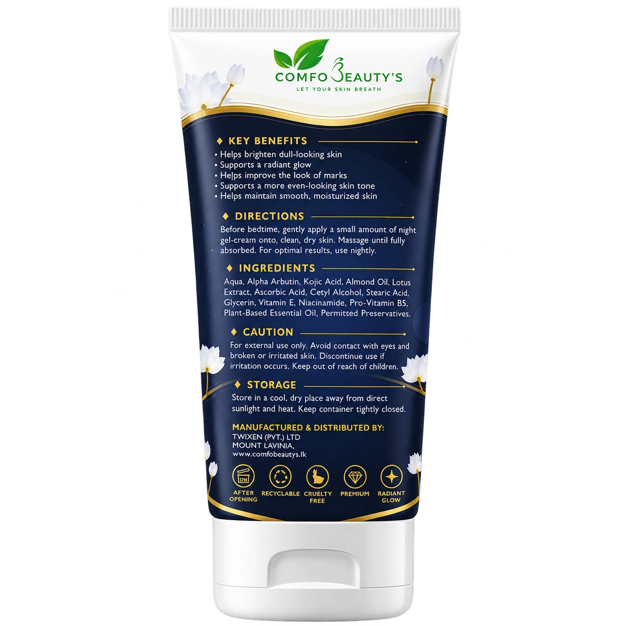 The back of the Comfo Bright tube, listing key benefits, directions, ingredients, caution and storage