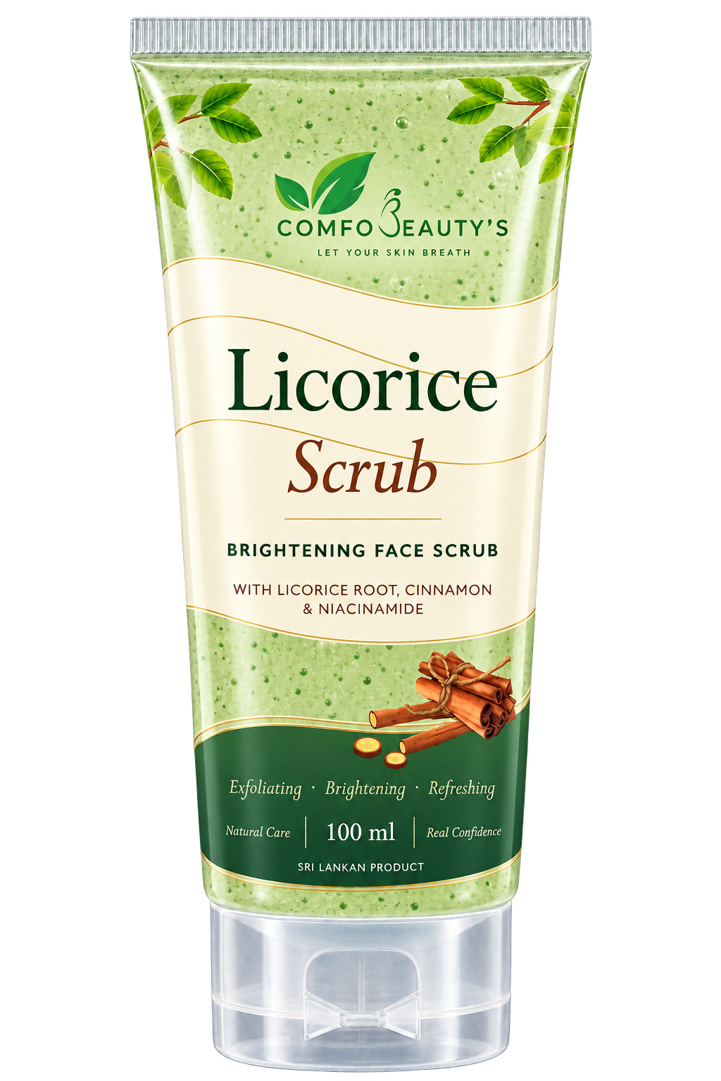 Licorice Scrub brightening face scrub in a 100 ml green tube with licorice and cinnamon art