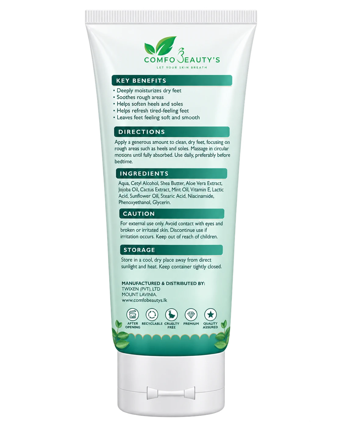 The back of the Feet Cream tube, listing key benefits, directions, ingredients, caution and storage
