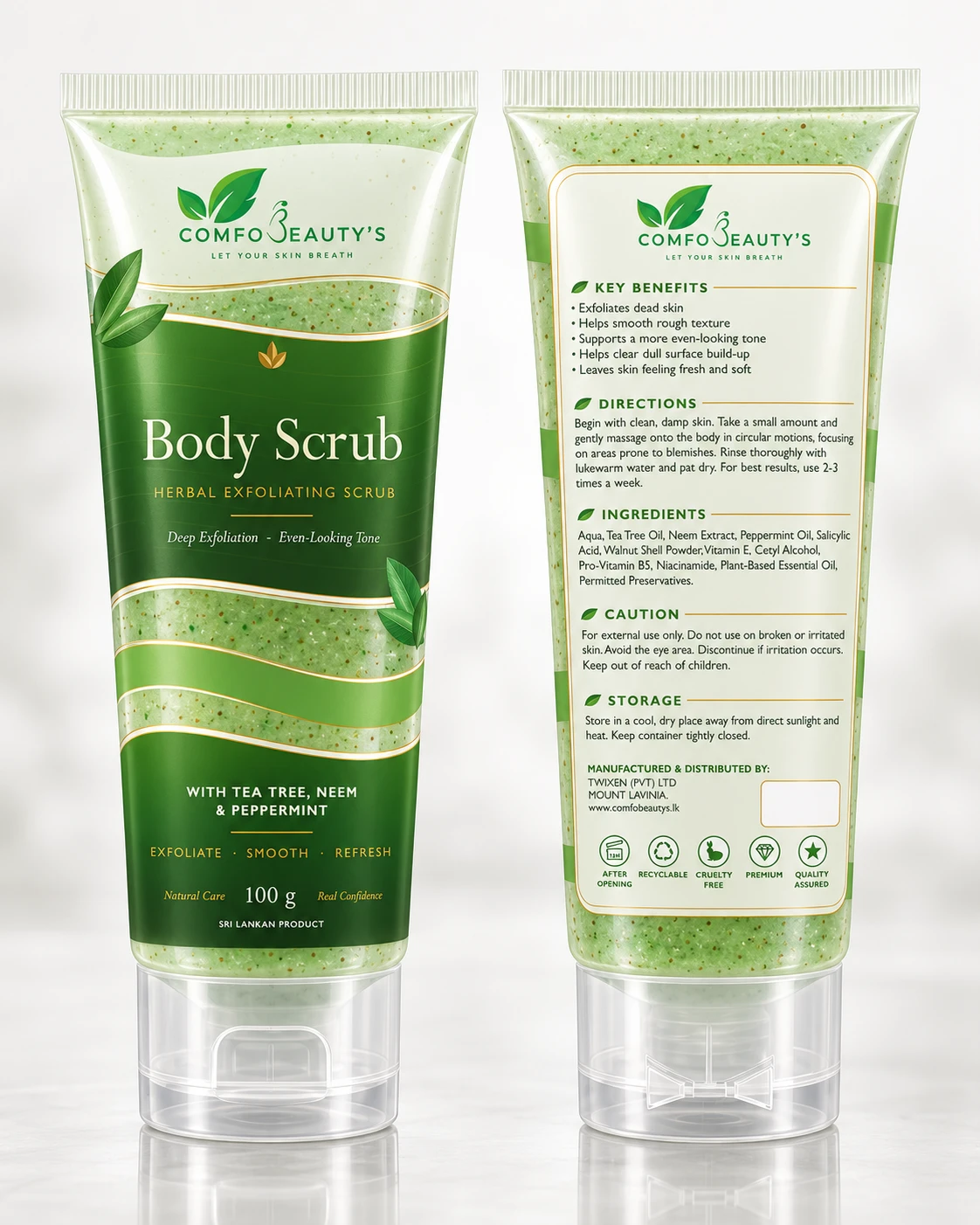 The Body Scrub tube shown front and back, the back listing benefits, directions and ingredients