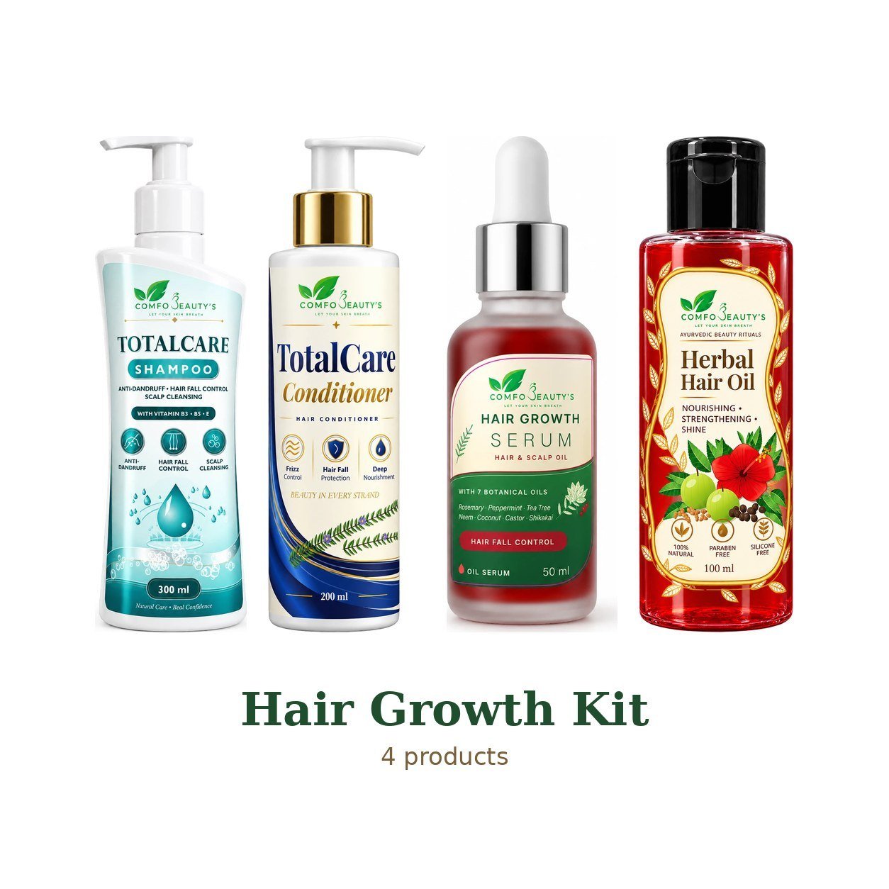 Hair Growth Kit: TotalCare Shampoo, TotalCare Conditioner, Hair Growth Serum — Hair & Scalp Oil, Herbal Hair Oil side by side