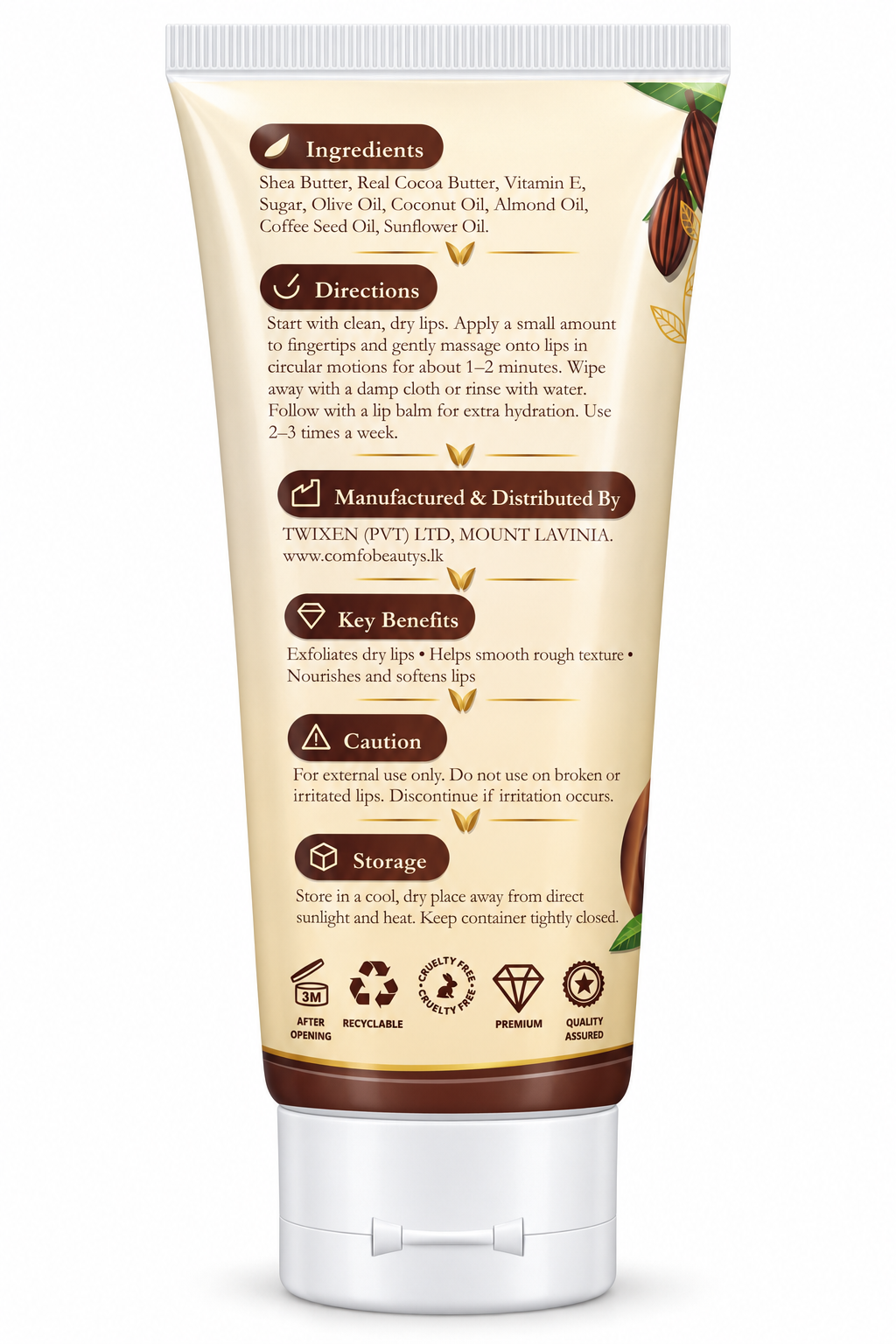 The back of the Lips Scrub Choco tube, listing ingredients, directions, key benefits, caution and storage