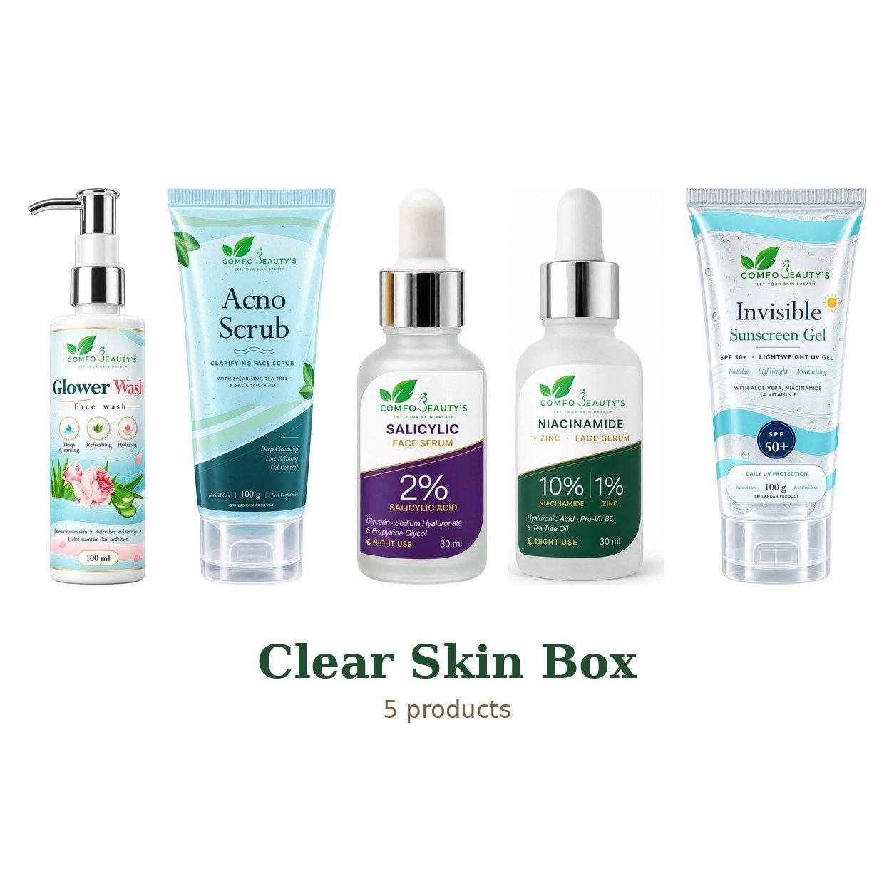 Clear Skin Box: Glower Wash — Face Wash, Acno Scrub — Clarifying Face Scrub, Salicylic 2% + Sodium Hyaluronate Face Serum, Niacinamide 10% + Zinc 1% Face Serum, Invisible Sunscreen Gel SPF 50+ side by side