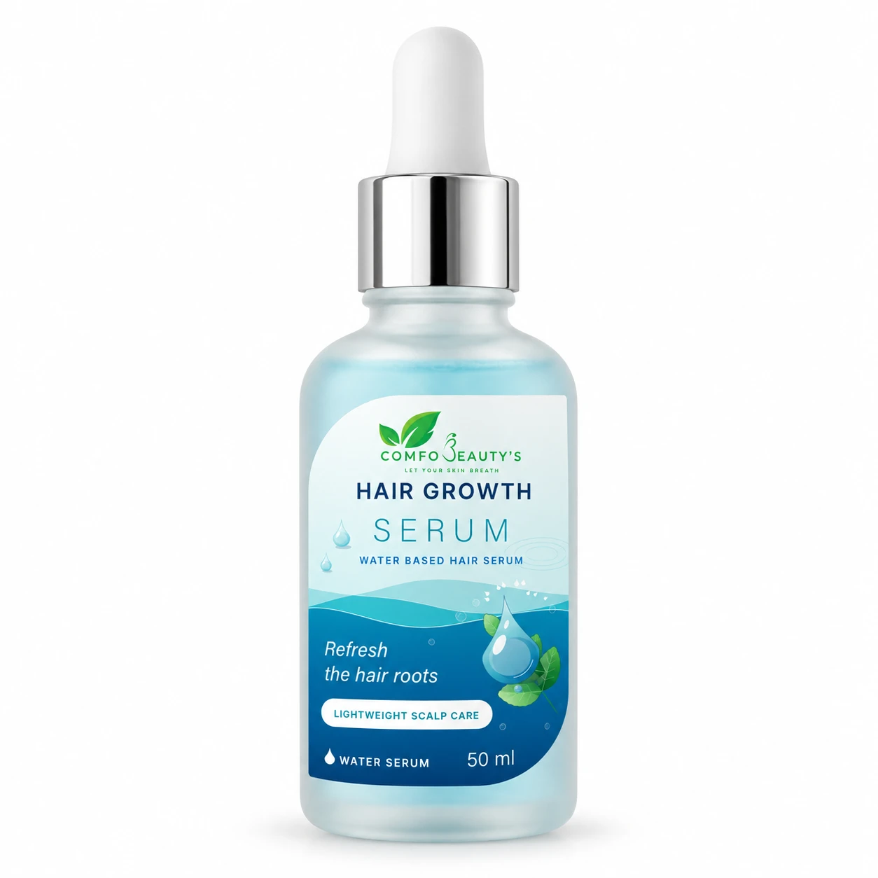 Water-based Hair Growth Serum in a 50 ml frosted bottle of pale blue serum with a silver dropper