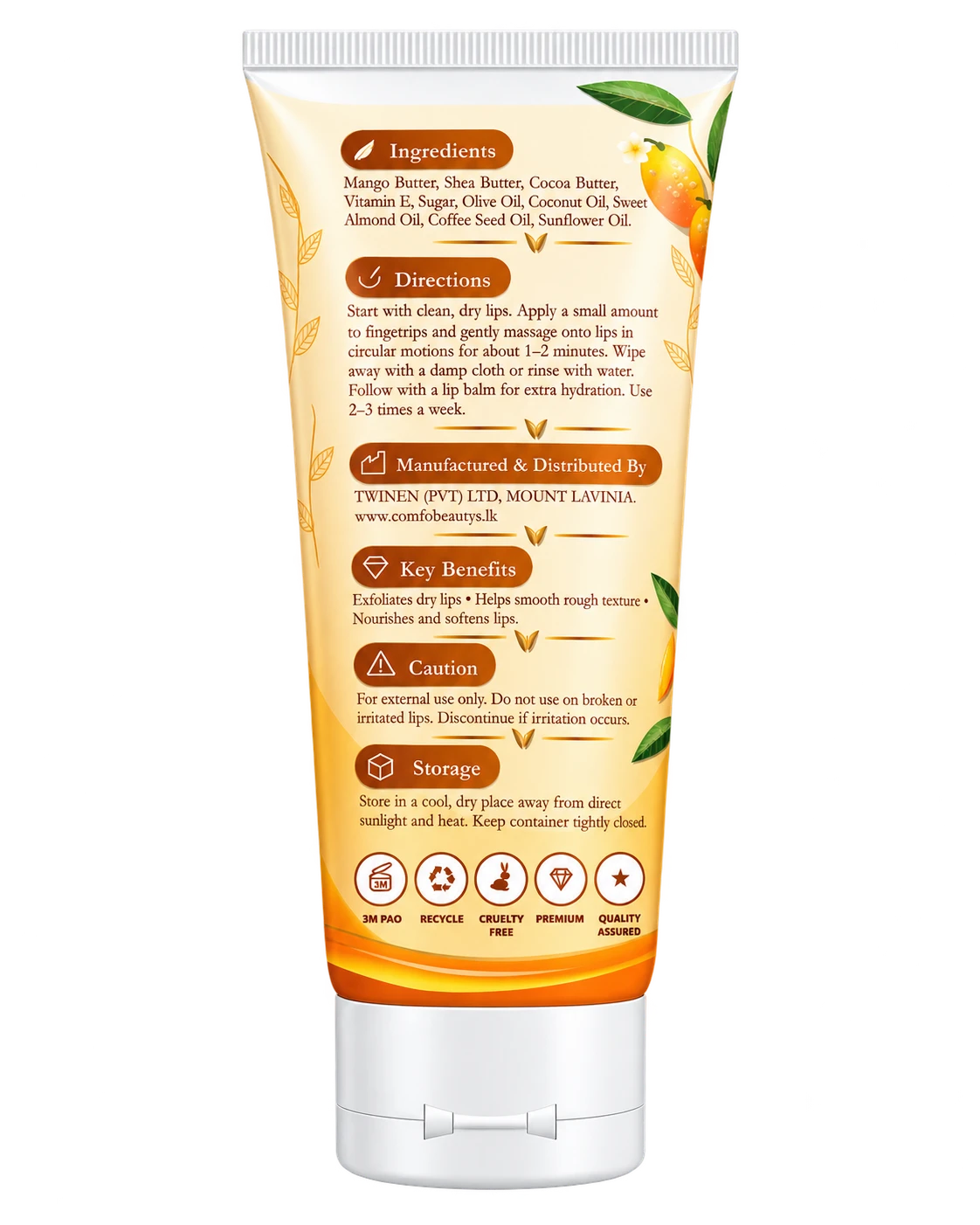 The back of the lip scrub tube, listing ingredients, directions, key benefits, caution and storage