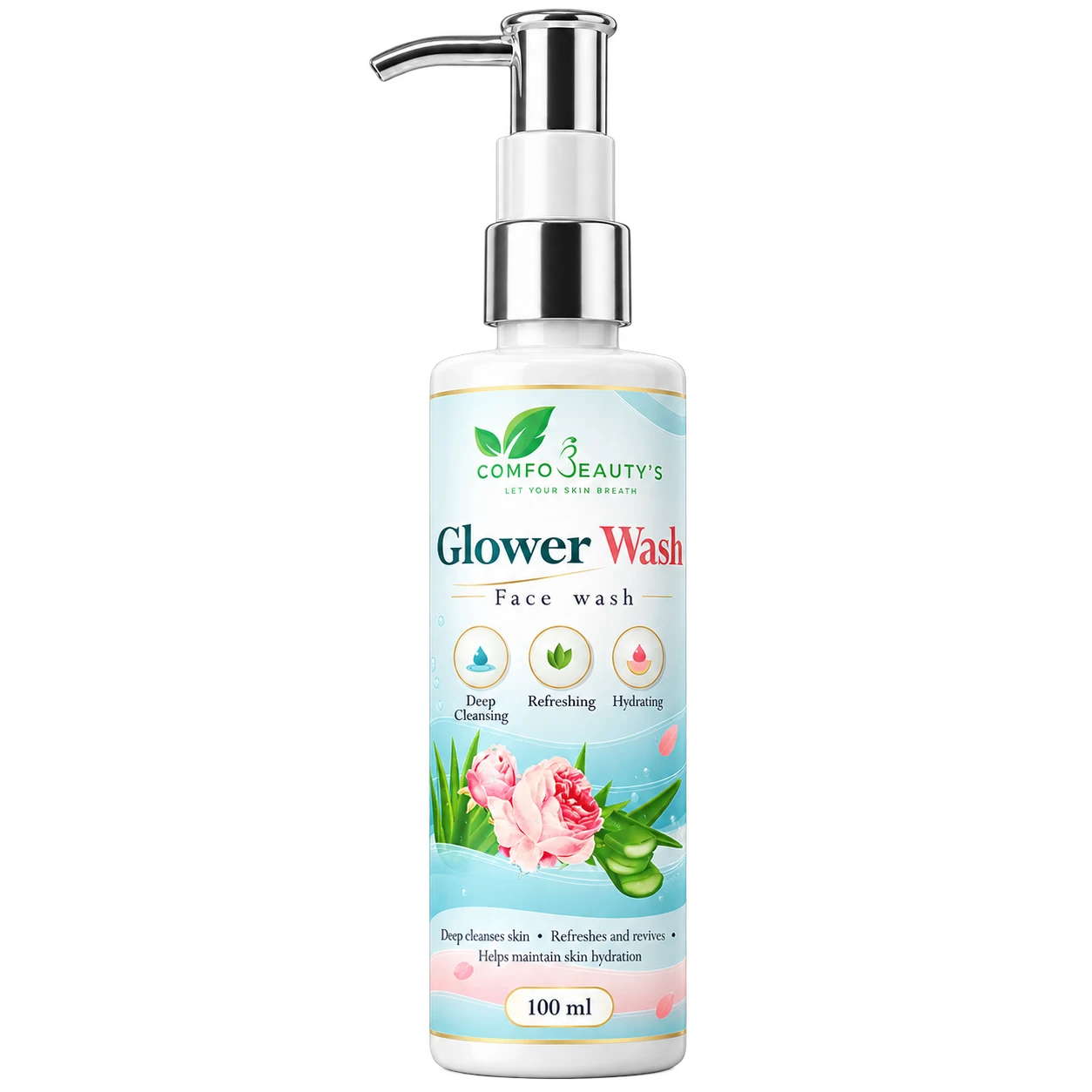 Glower Wash face wash in a 100 ml white bottle with a silver pump and a rose and aloe label