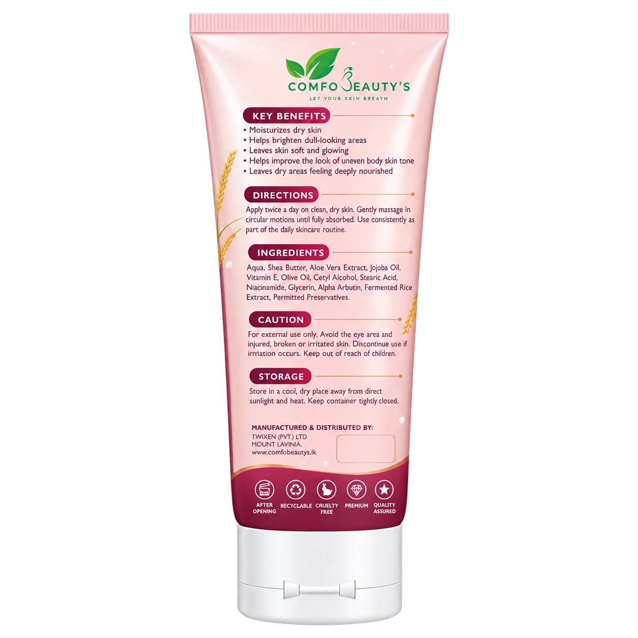 The back of the Body Brightener tube, listing key benefits, directions, ingredients, caution and storage