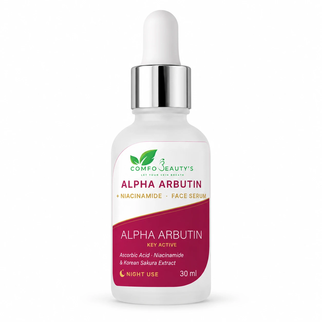 Alpha Arbutin and Niacinamide face serum in a 30 ml frosted glass bottle with a silver dropper