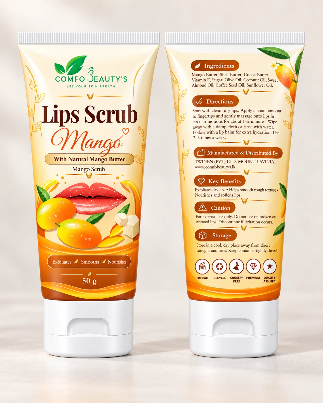 The lip scrub tube shown front and back, the back listing ingredients and directions