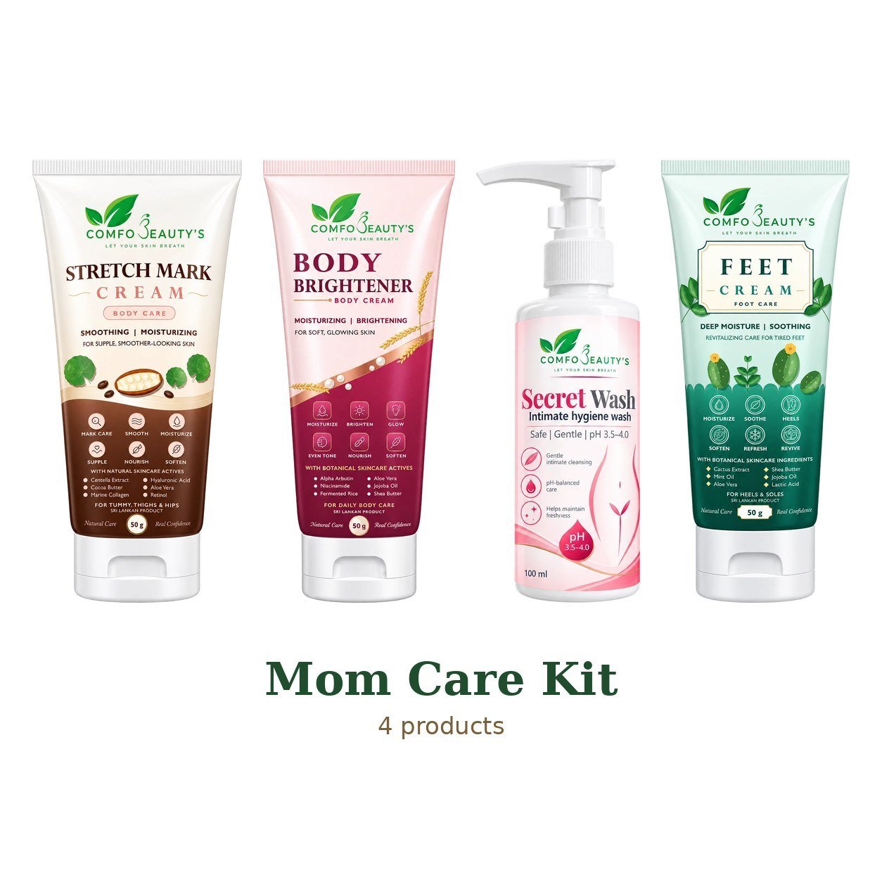 Mom Care Kit: Stretch Mark Cream, Body Brightener — Body Cream, Secret Wash — Intimate Hygiene Wash, Feet Cream — Foot Care side by side