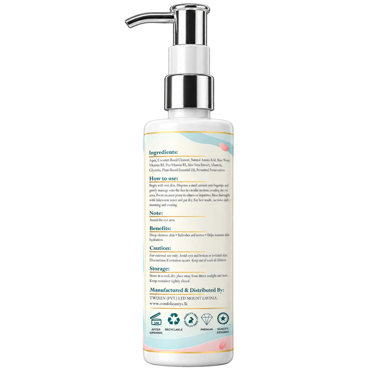 The back of the Glower Wash bottle, listing ingredients, how to use, benefits, caution and storage