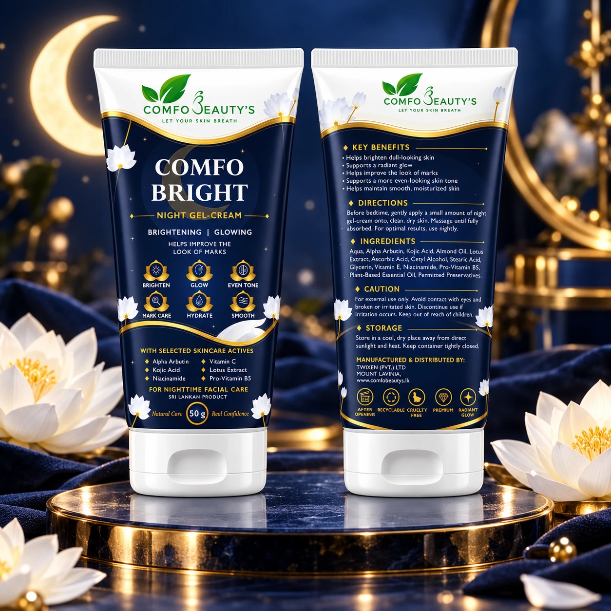 The Comfo Bright tube shown front and back, the back listing benefits, directions and ingredients