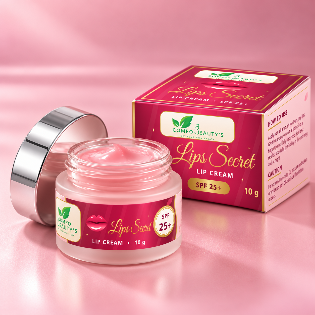 Lips Secret Lip Cream SPF 25+, an open 10 g jar of pink cream beside its pink box