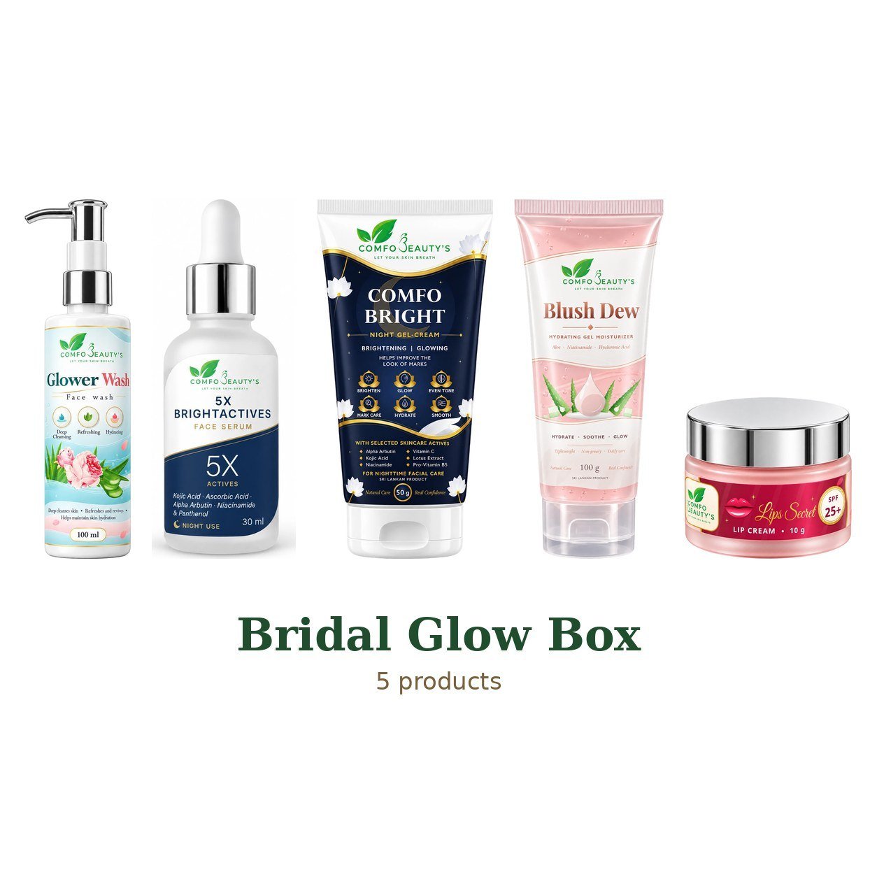 Bridal Glow Box: Glower Wash — Face Wash, 5X BrightActives Face Serum, Comfo Bright — Night Gel-Cream, Blush Dew — Hydrating Gel Moisturizer, Lips Secret Lip Cream SPF 25+ side by side