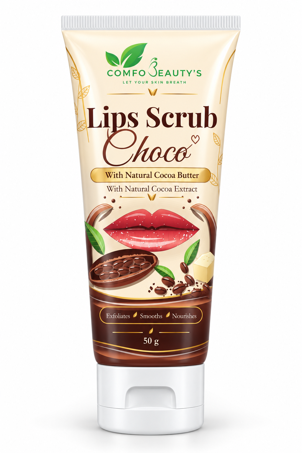 Lips Scrub Choco in a 50 g cream and chocolate-brown tube with cocoa art