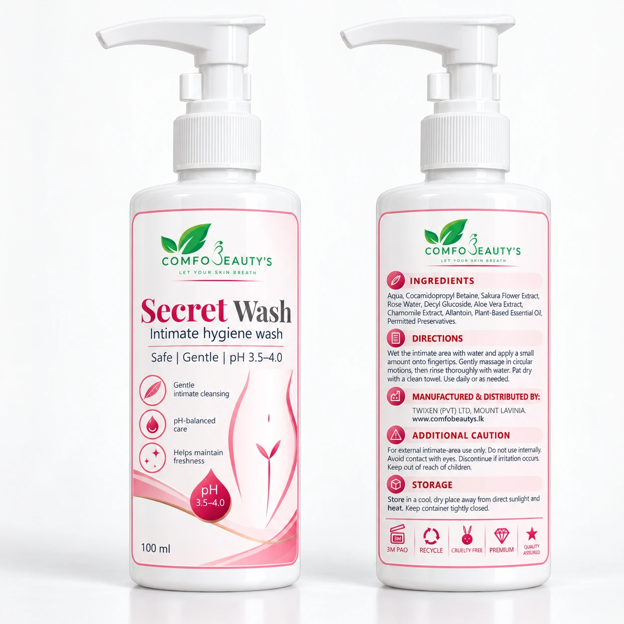 The Secret Wash bottle shown front and back, the back listing ingredients and directions