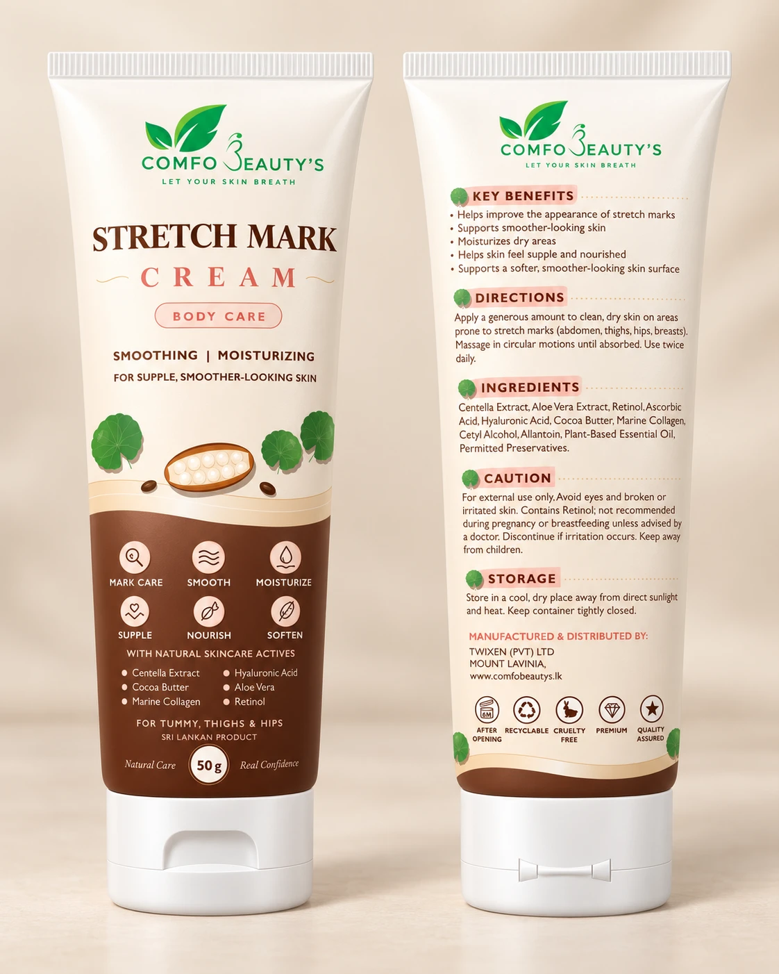 The Stretch Mark Cream tube shown front and back, the back listing benefits, directions and ingredients