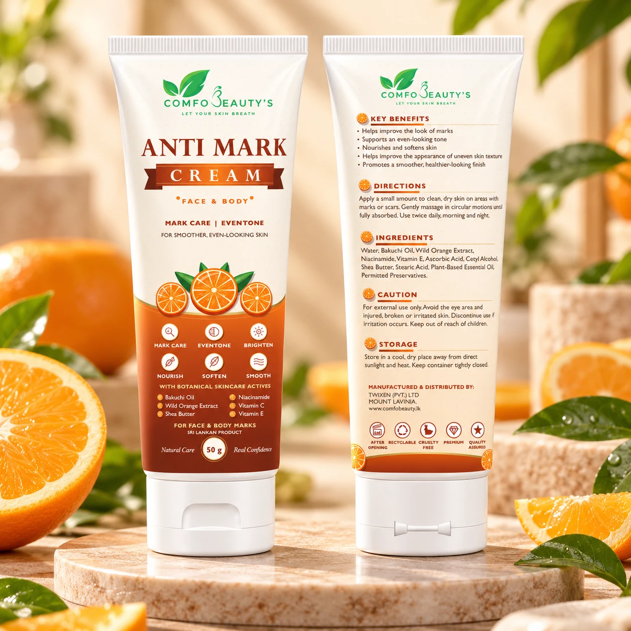 The Anti Mark Cream tube shown front and back, the back listing benefits, directions and ingredients