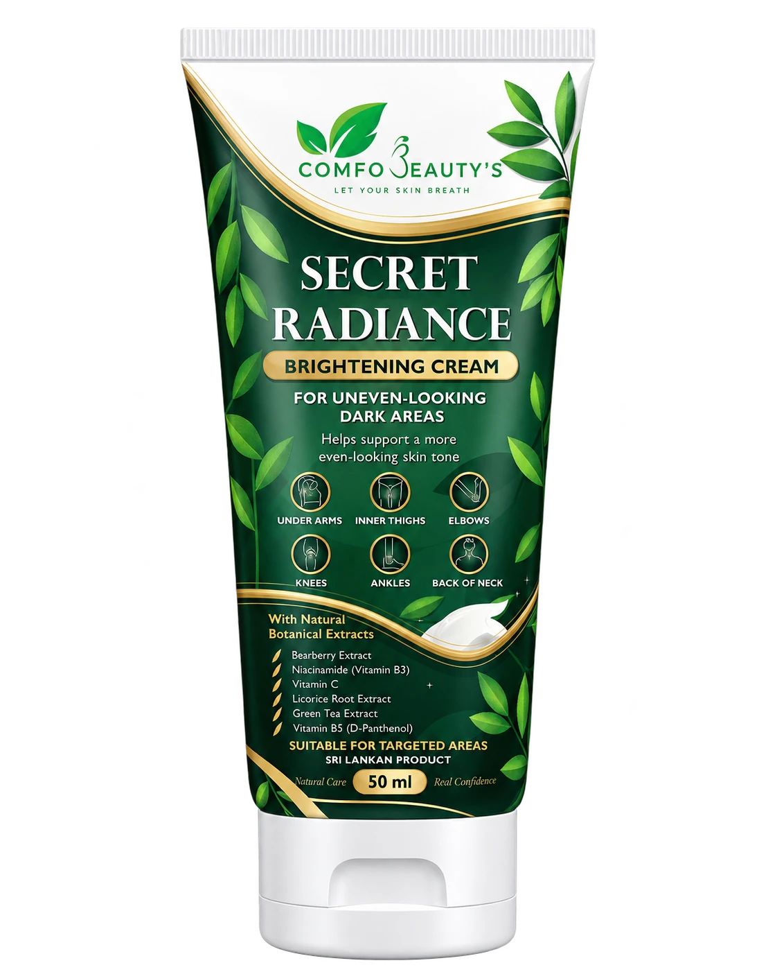 Secret Radiance Brightening Cream in a 50 ml dark green tube with gold detailing