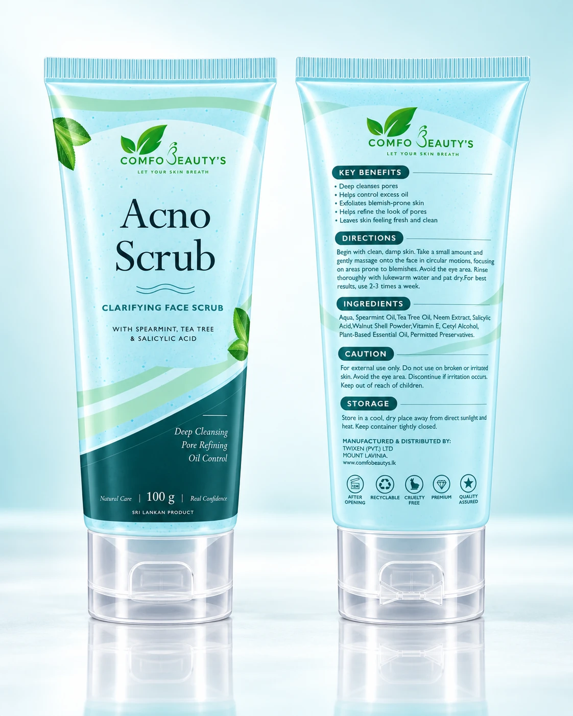 The Acno Scrub tube shown front and back, the back listing benefits, directions and ingredients