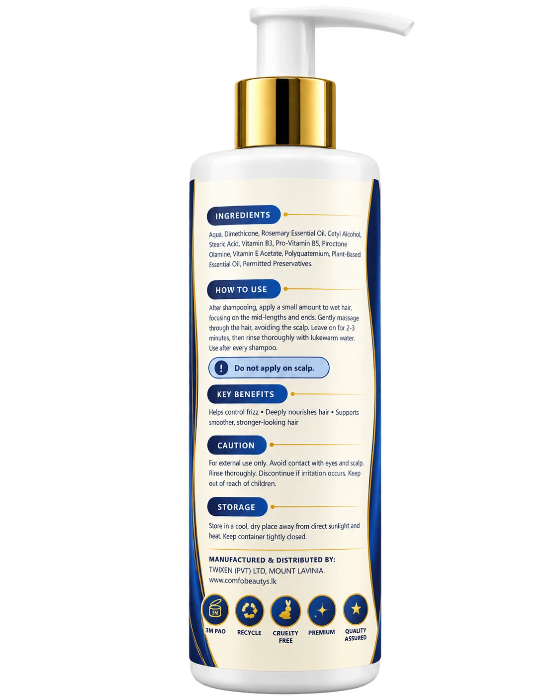 The back of the TotalCare Conditioner bottle, listing ingredients, how to use, key benefits, caution and storage