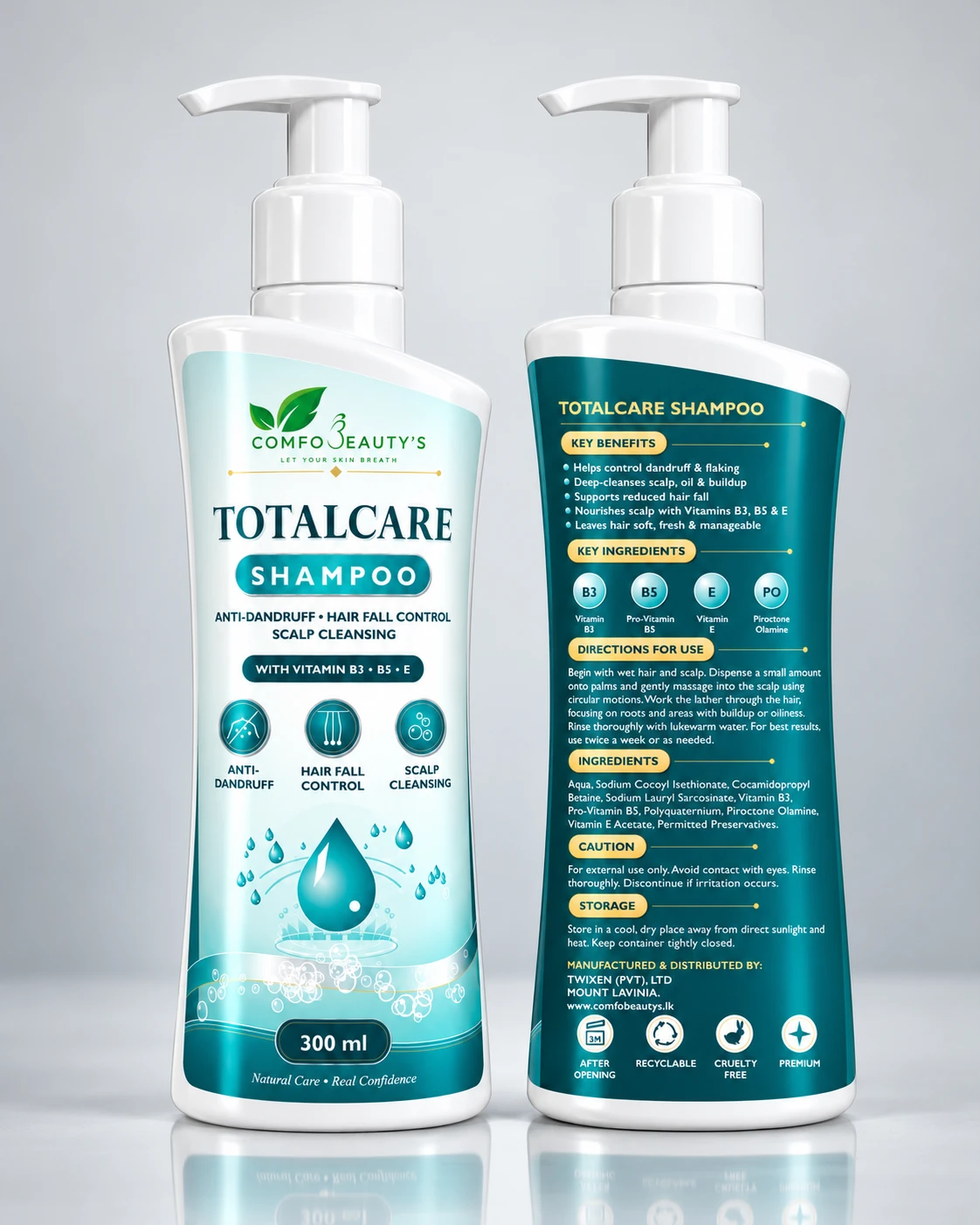 The TotalCare Shampoo bottle shown front and back, the back listing benefits, ingredients and directions