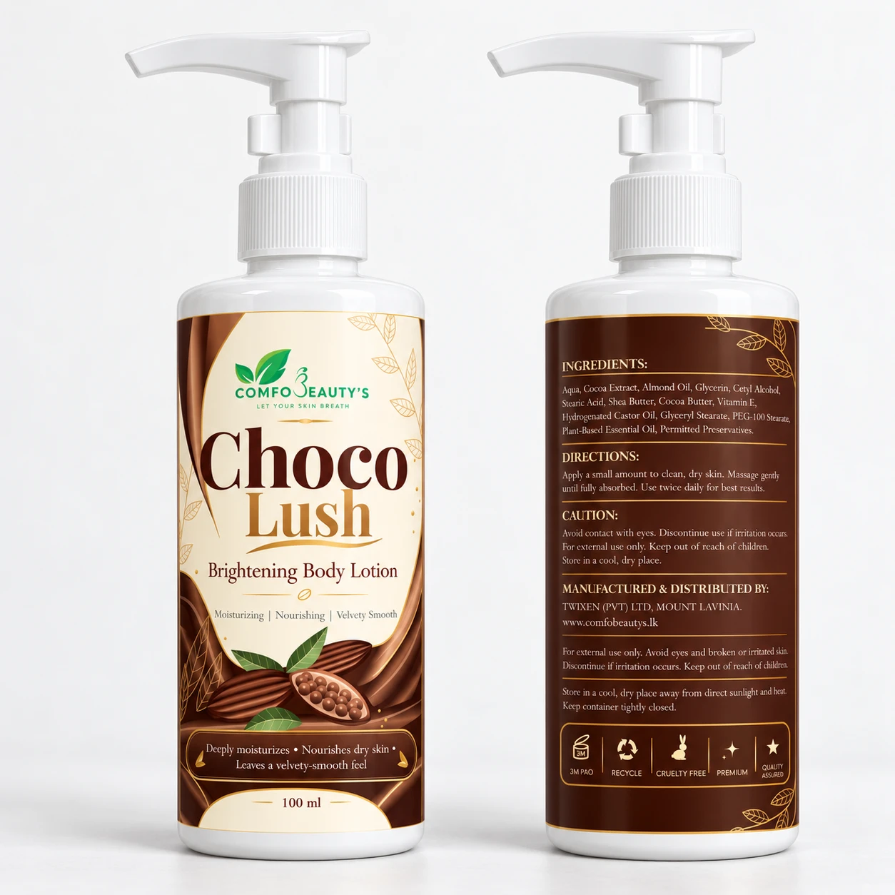 The Choco Lush bottle shown front and back, the back listing ingredients and directions