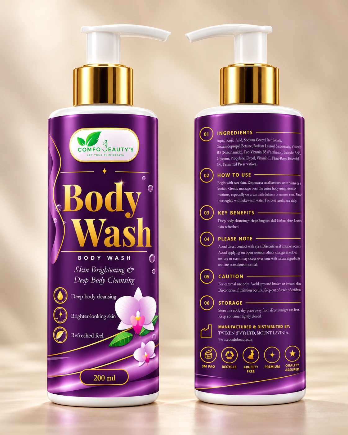 The Body Wash bottle shown front and back, the back listing ingredients and how to use it